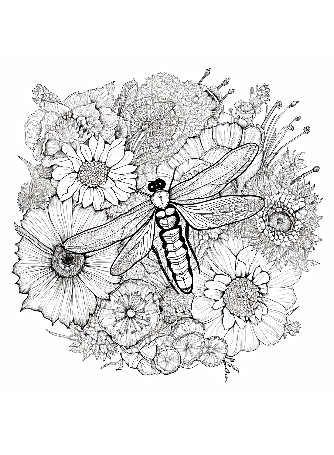 Damselfly and Flowers Coloring Pages