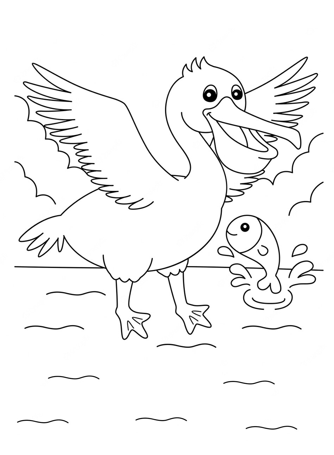 Happy Pelican and fish Coloring Pages
