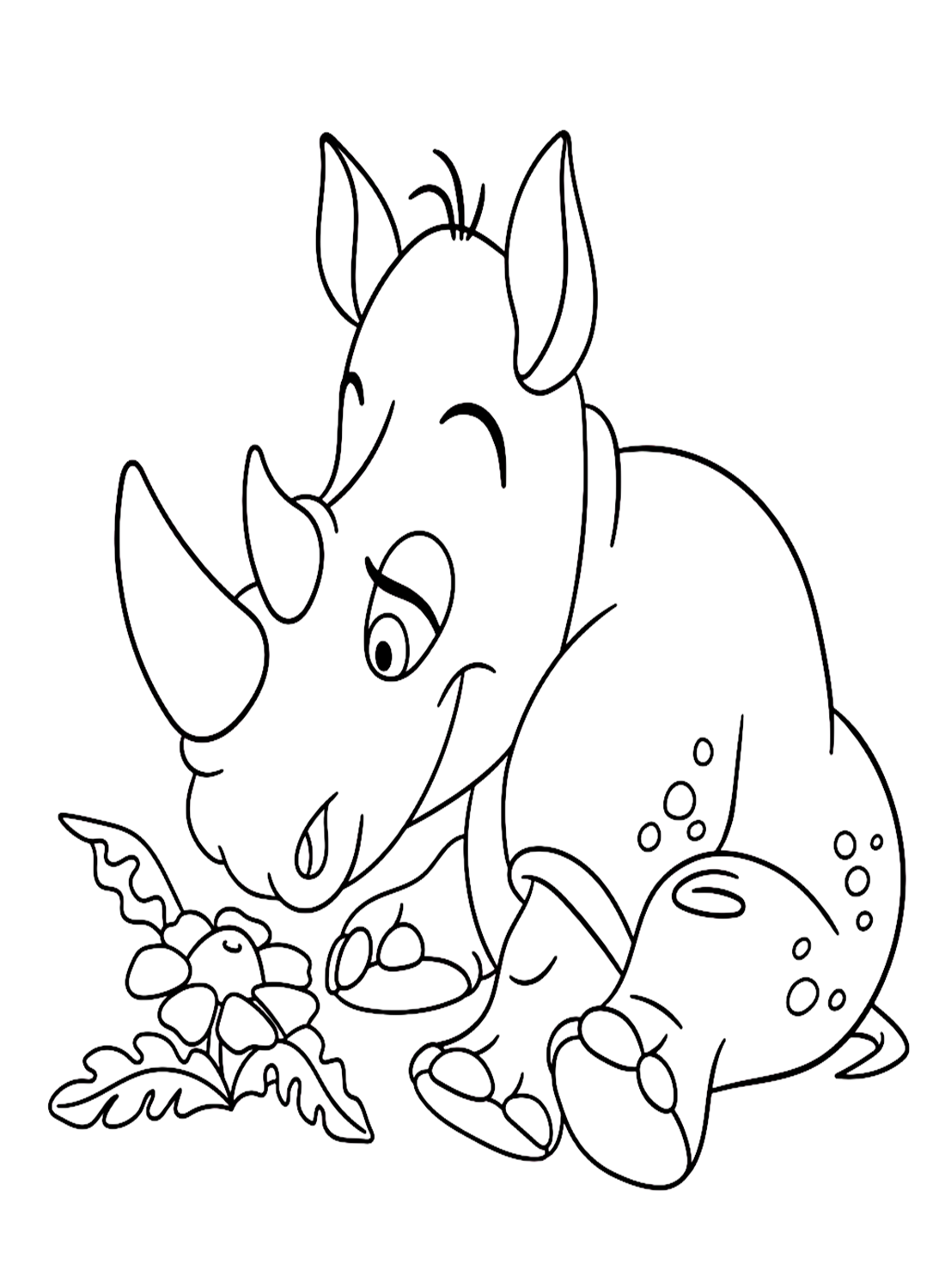 Rinoceronte de dibujos animados feliz y flor de margarita de Rhino