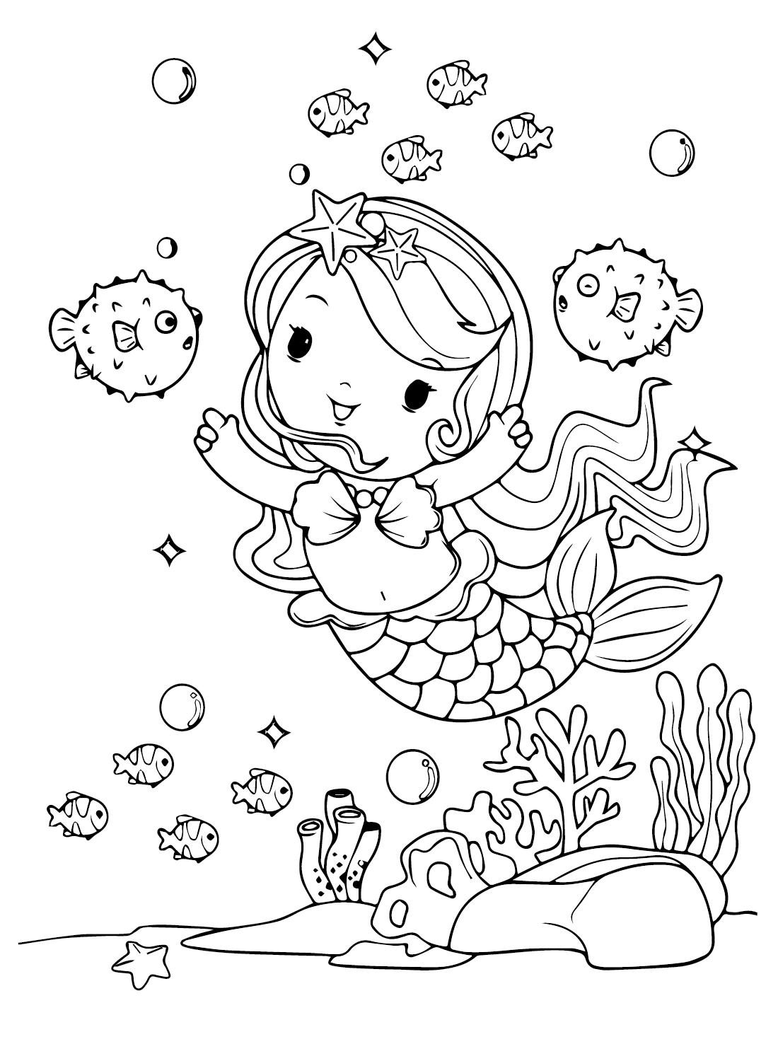 Mermaid and Puffer Coloring Page - Free Printable Coloring Pages
