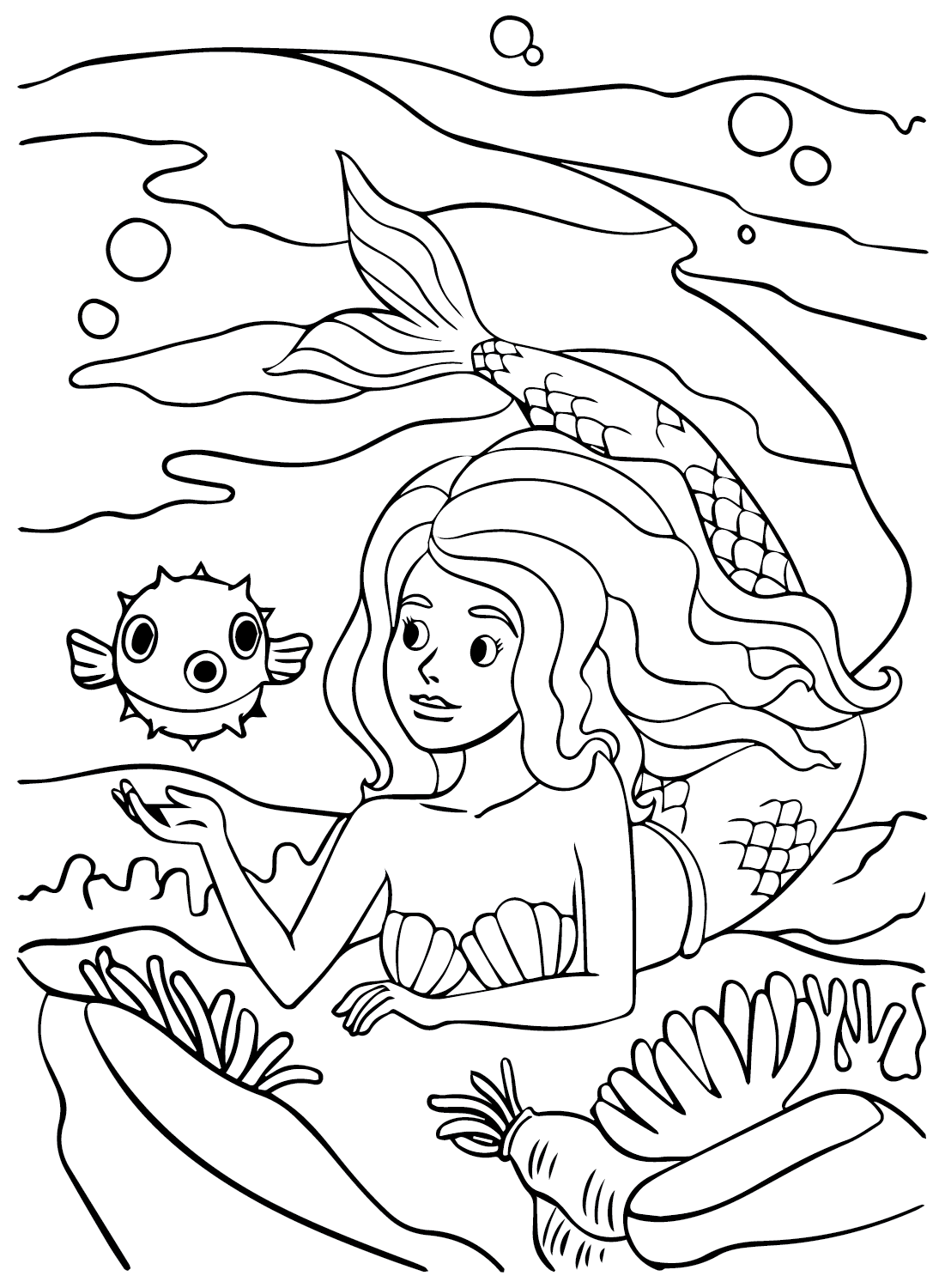 Mermaid with Puffer Coloring Page - Free Printable Coloring Pages