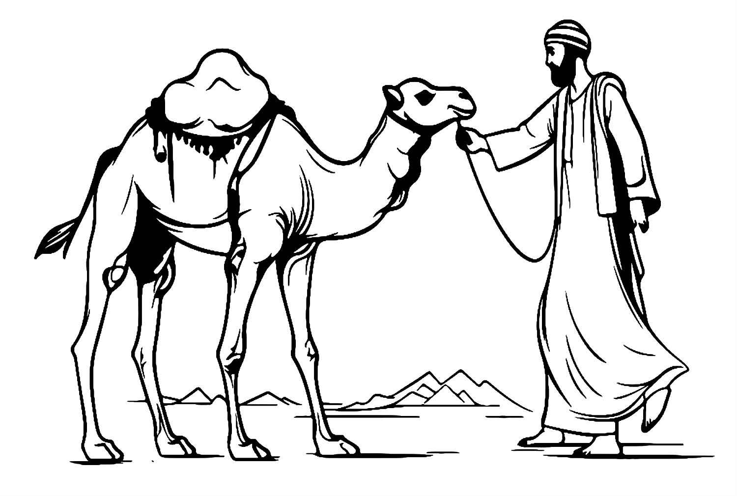 Muslimischer Mann zieht Kamel vom Kamel