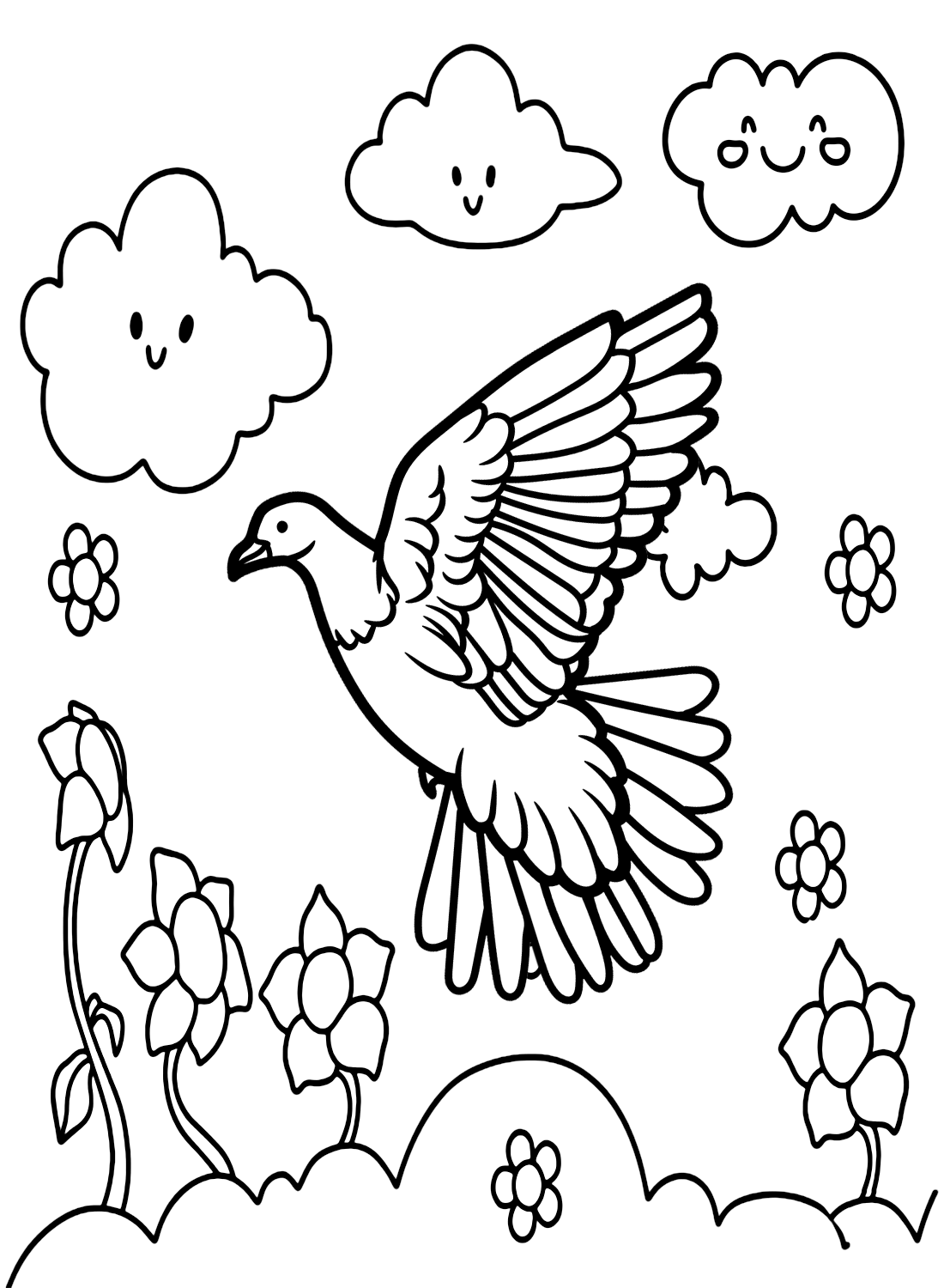 Pigeon avec des fleurs et des nuages ​​de Pigeon