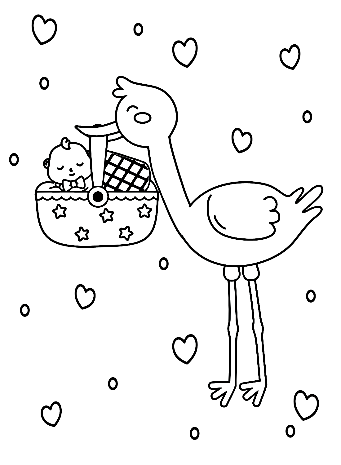 鹳鸟与婴儿在篮子里从鹳鸟