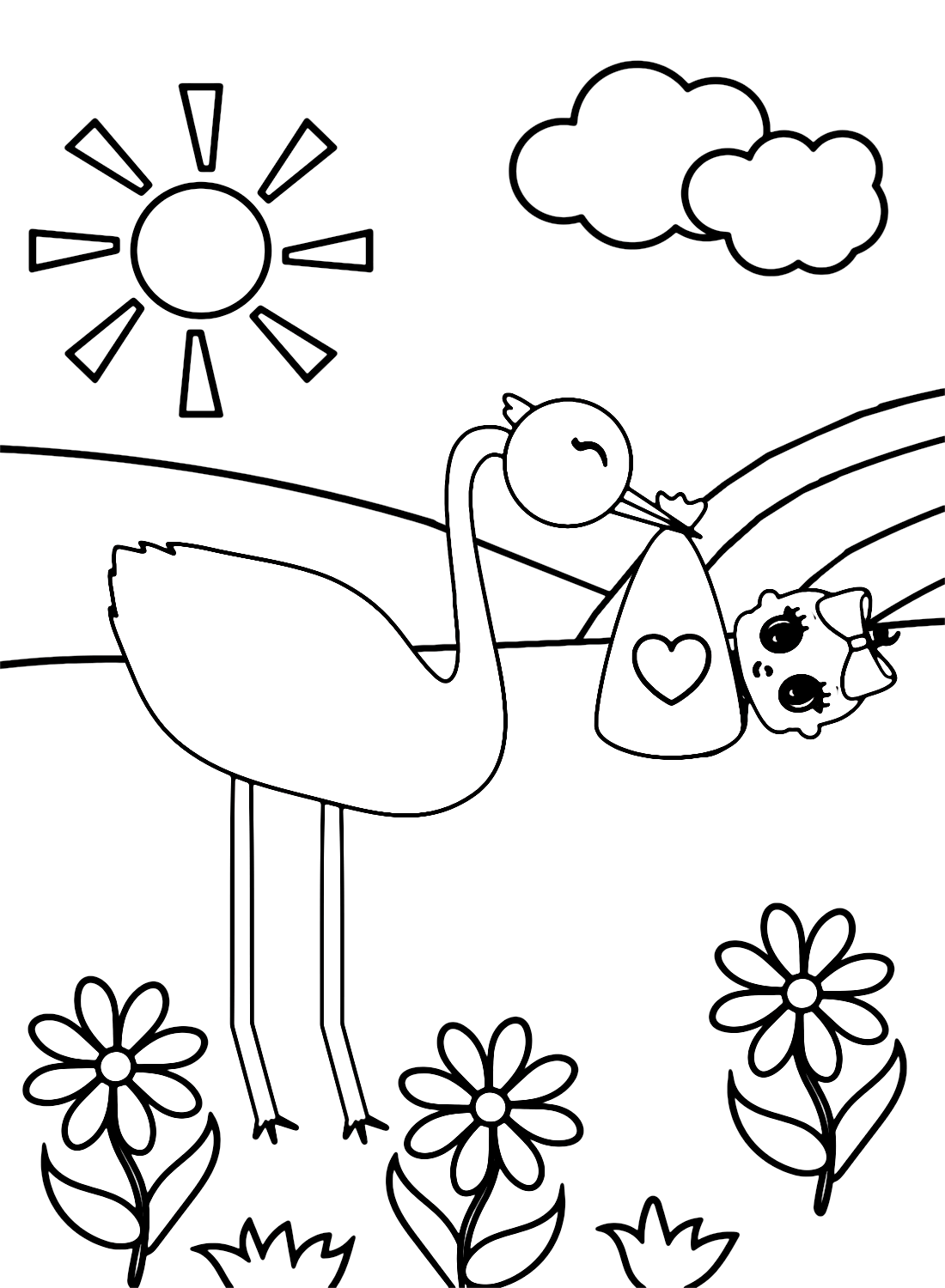 Ooievaar met baby in stoffen tas van Stork
