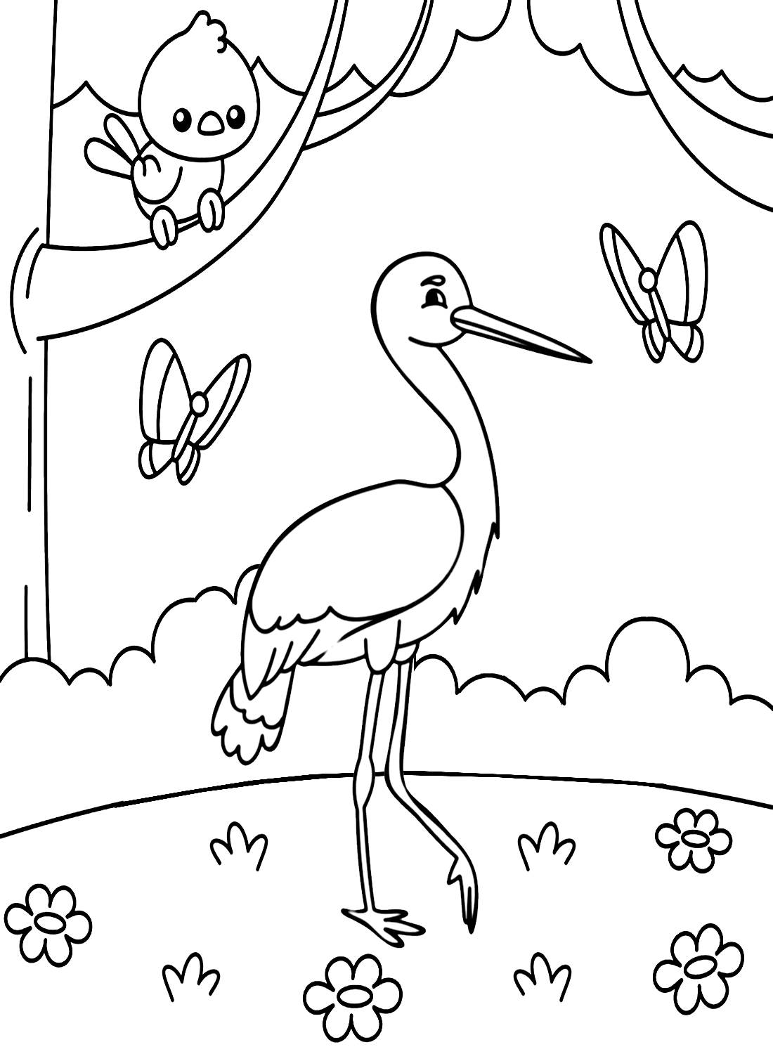 Storch mit Schmetterling und Vogel von Stork