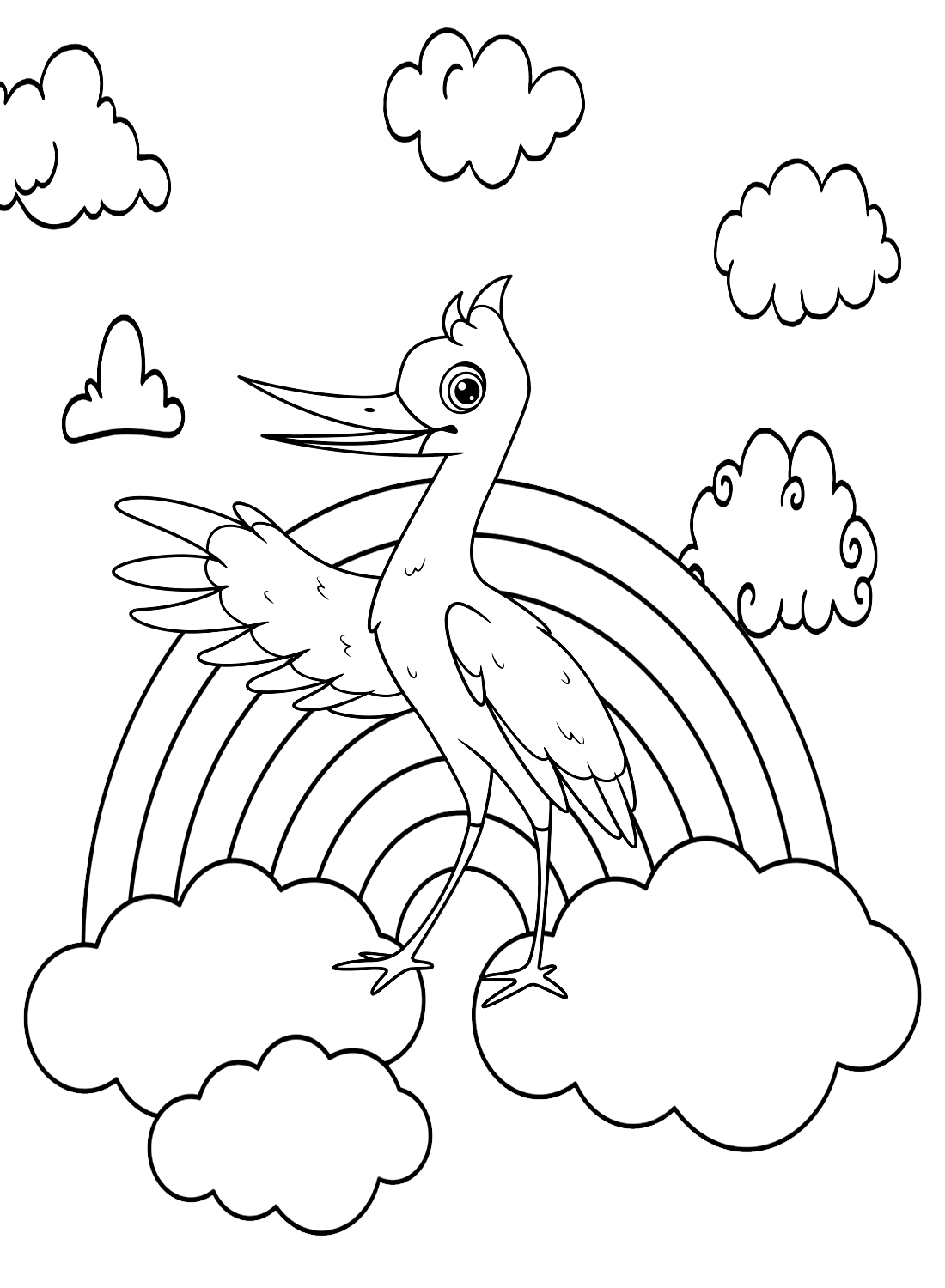 Stork with Rainbow and Clouds Coloring Page - Free Printable Coloring Pages