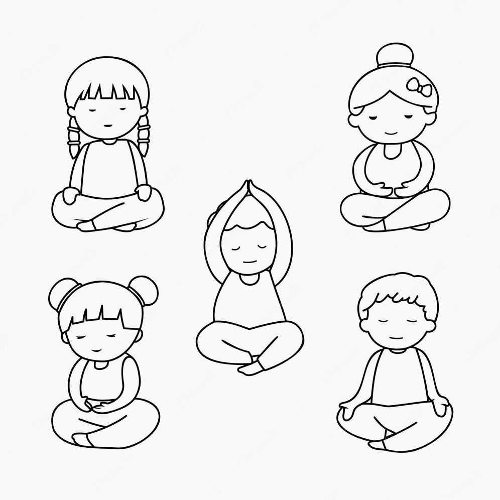 Bundle Meditation Yoga Cartoon Doodle Line Art Meditating Children Collection Coloring Pages