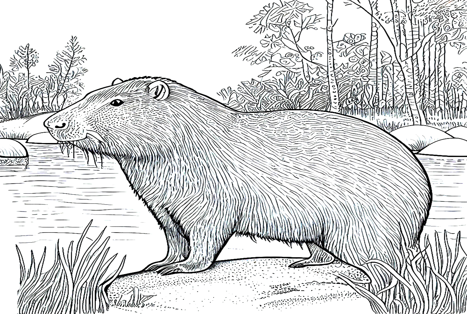 Capibara staande in de buurt van de stroom van Capibara