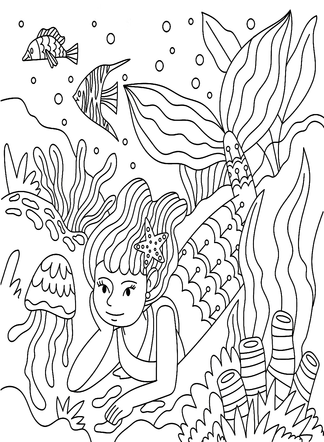 Coral and Mermaid Coloring Page