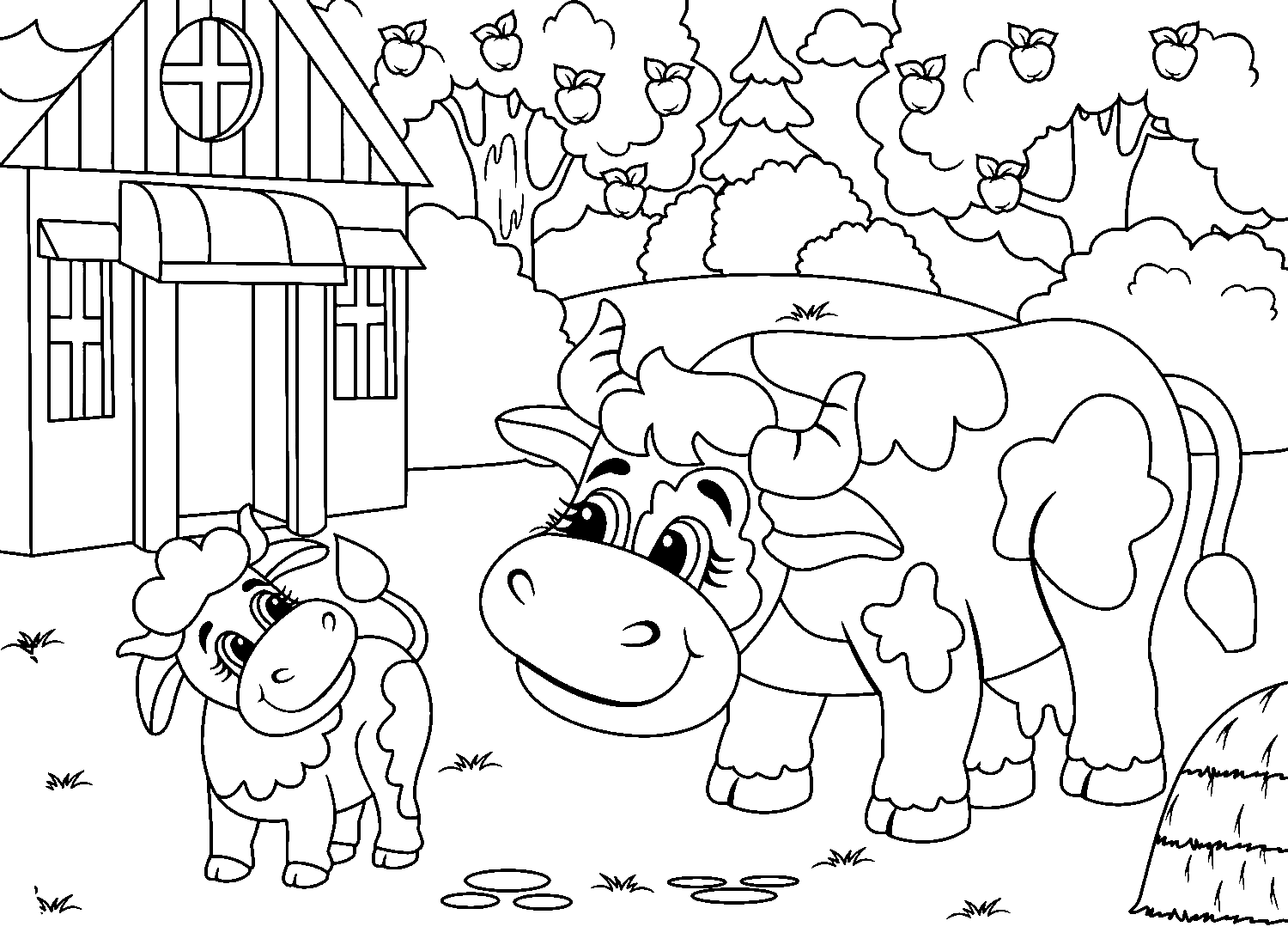 Kuh und Kalb stehen vor dem Haus vom Kalb