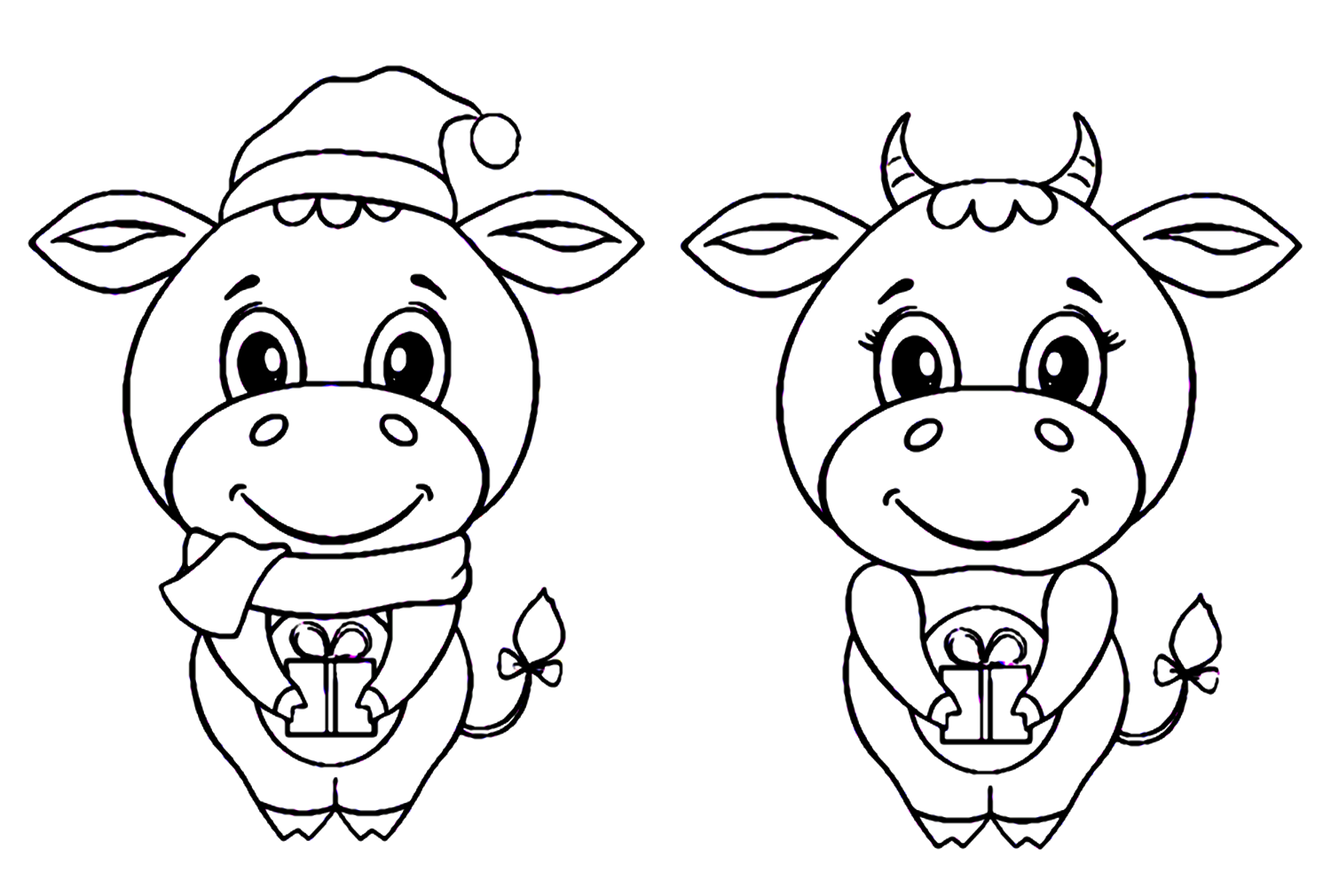 Симпатичные телята с рождественским подарком от теленка