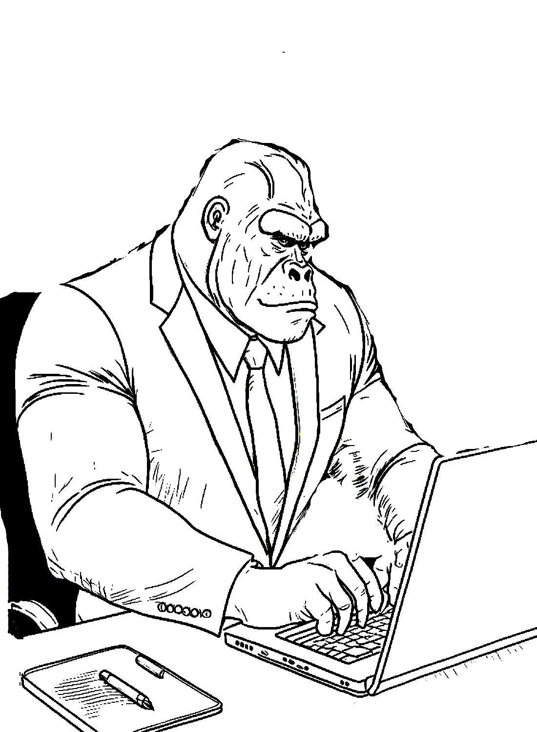 Gorilla indossa una tuta e lavora sul portatile di Gorilla