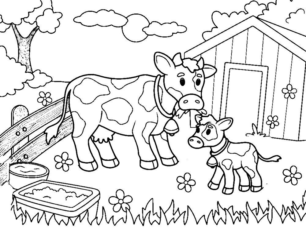 Мать-корова и теленок во дворе от теленка