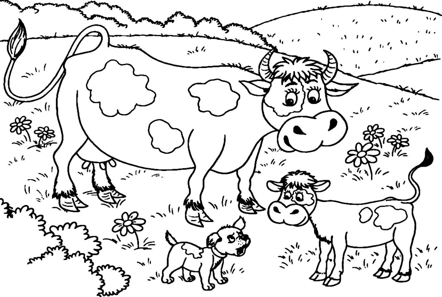 Мать-корова и теленок на траве от теленка
