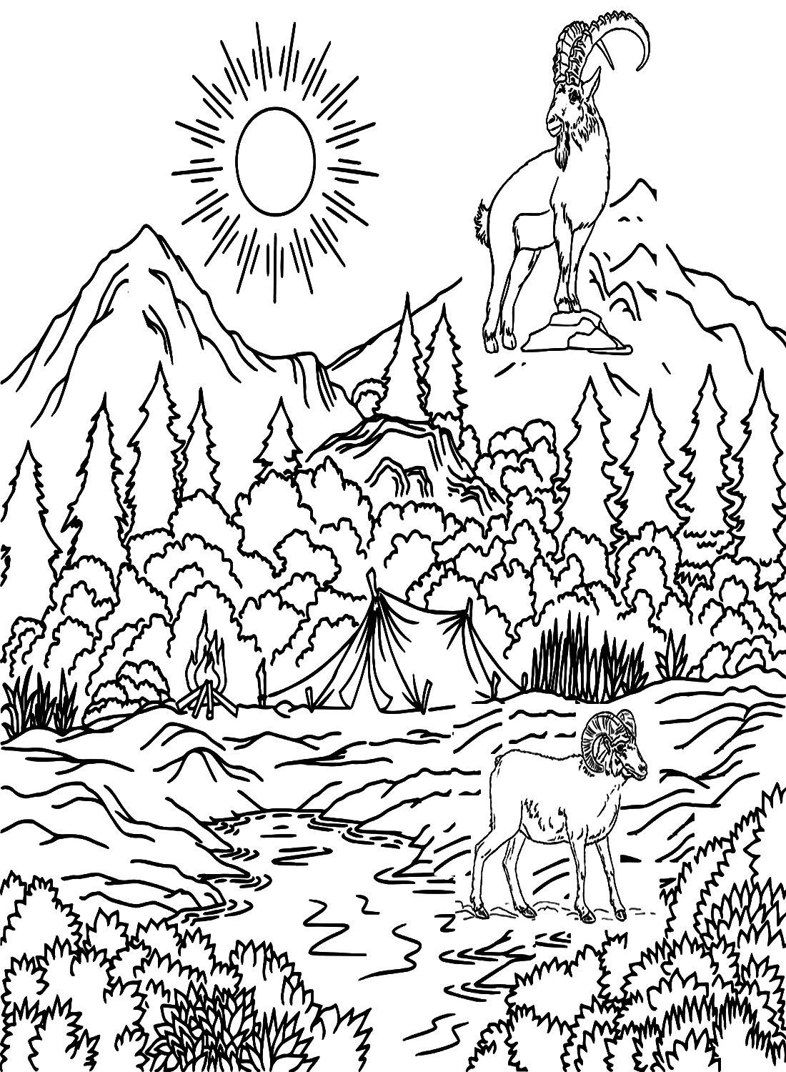 Mouflon avec paysage de montagne de camping de Mouflon