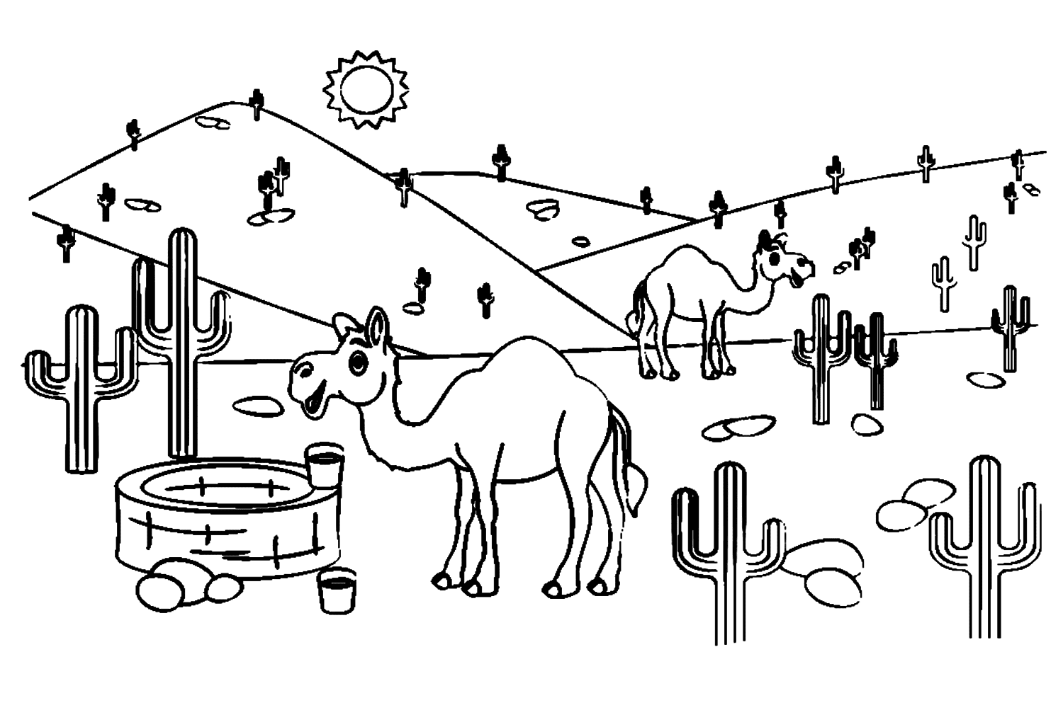 Two Camels In Desert Scene Coloring Page