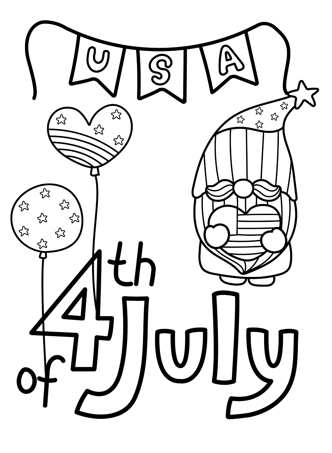 4th of July with Gnome and Balloons Coloring Page