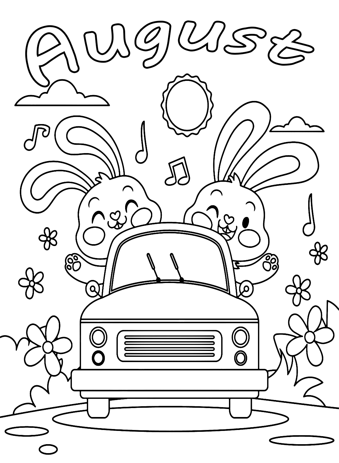Adventure with Rabbits in August Coloring Pages