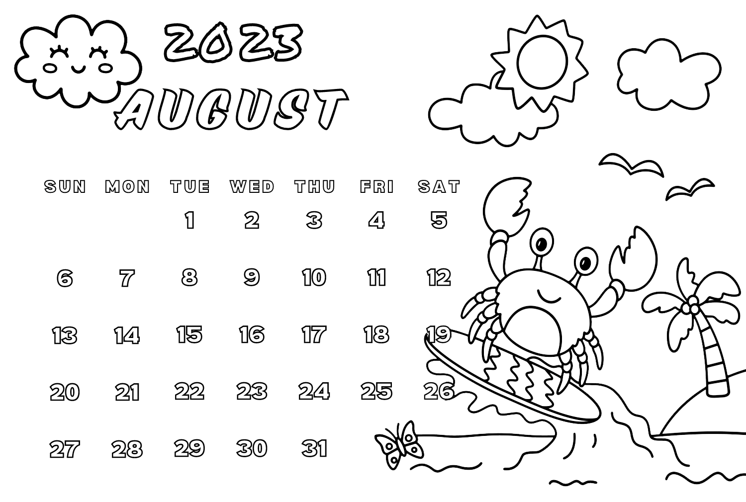 August Calendar 2023 Coloring Pages