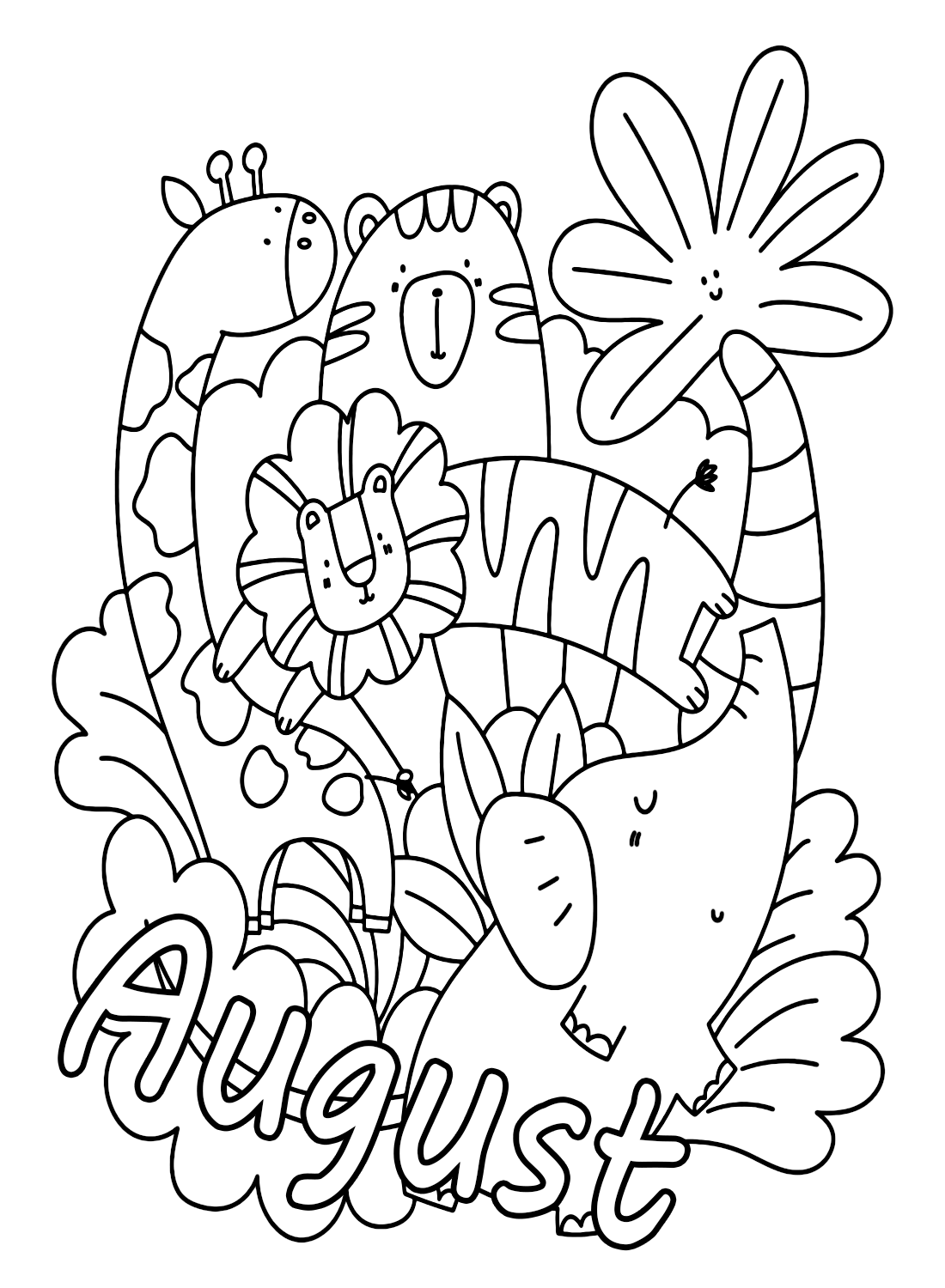 August with Cute Animals Coloring Pages