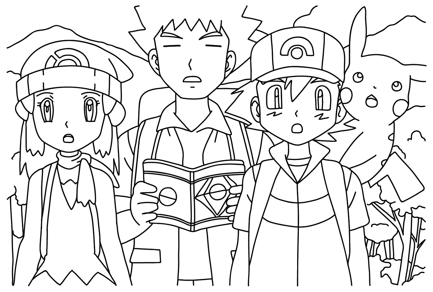 Página para colorir de Brock, Ash e Dawn de Dawn Pokémon