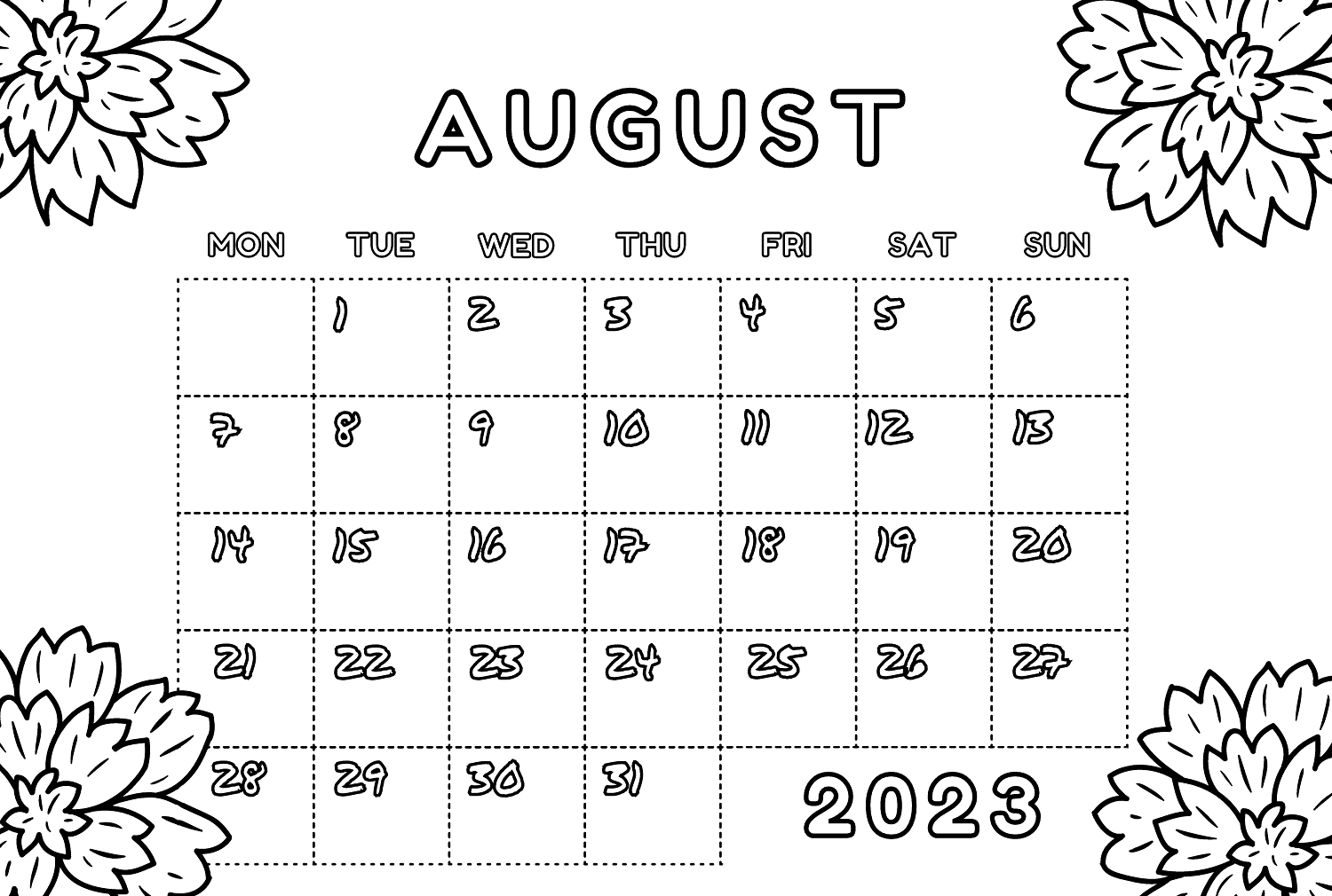 Calendar August 2023 Coloring Pages