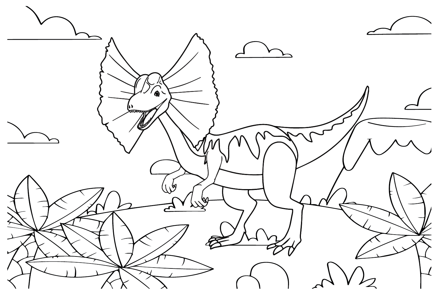 Desenhando a página para colorir do Dilophosaurus do Dilophosaurus