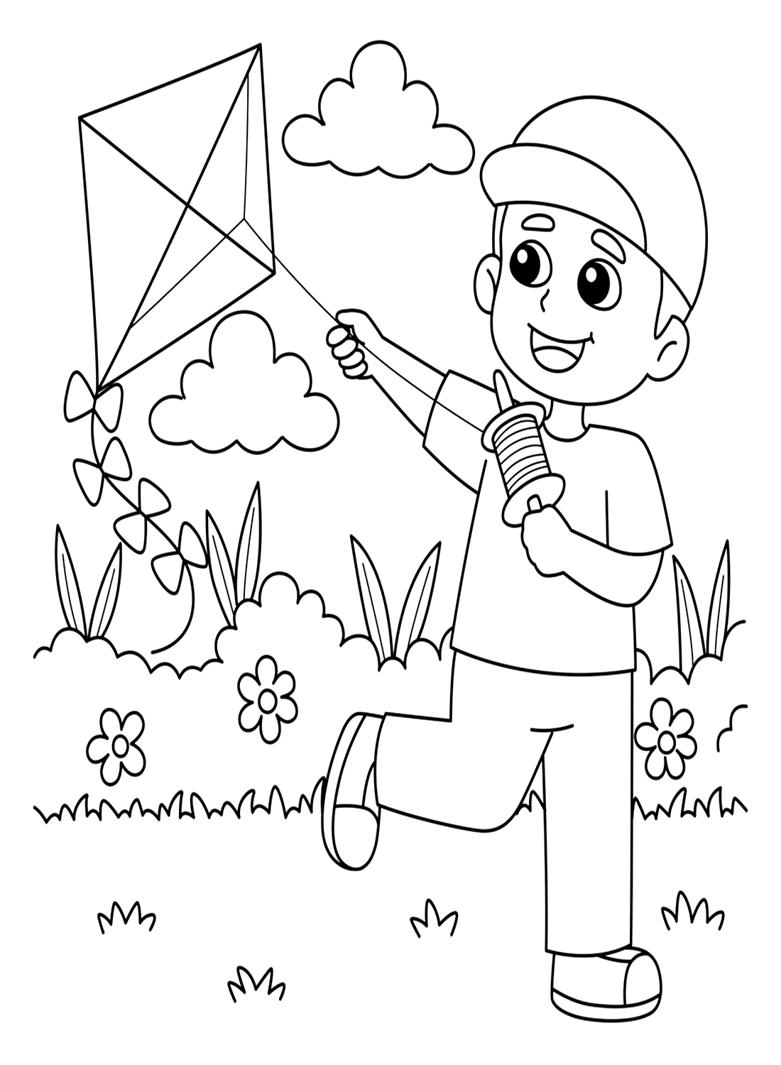 Happy Boy Flying Kite Coloring Pages