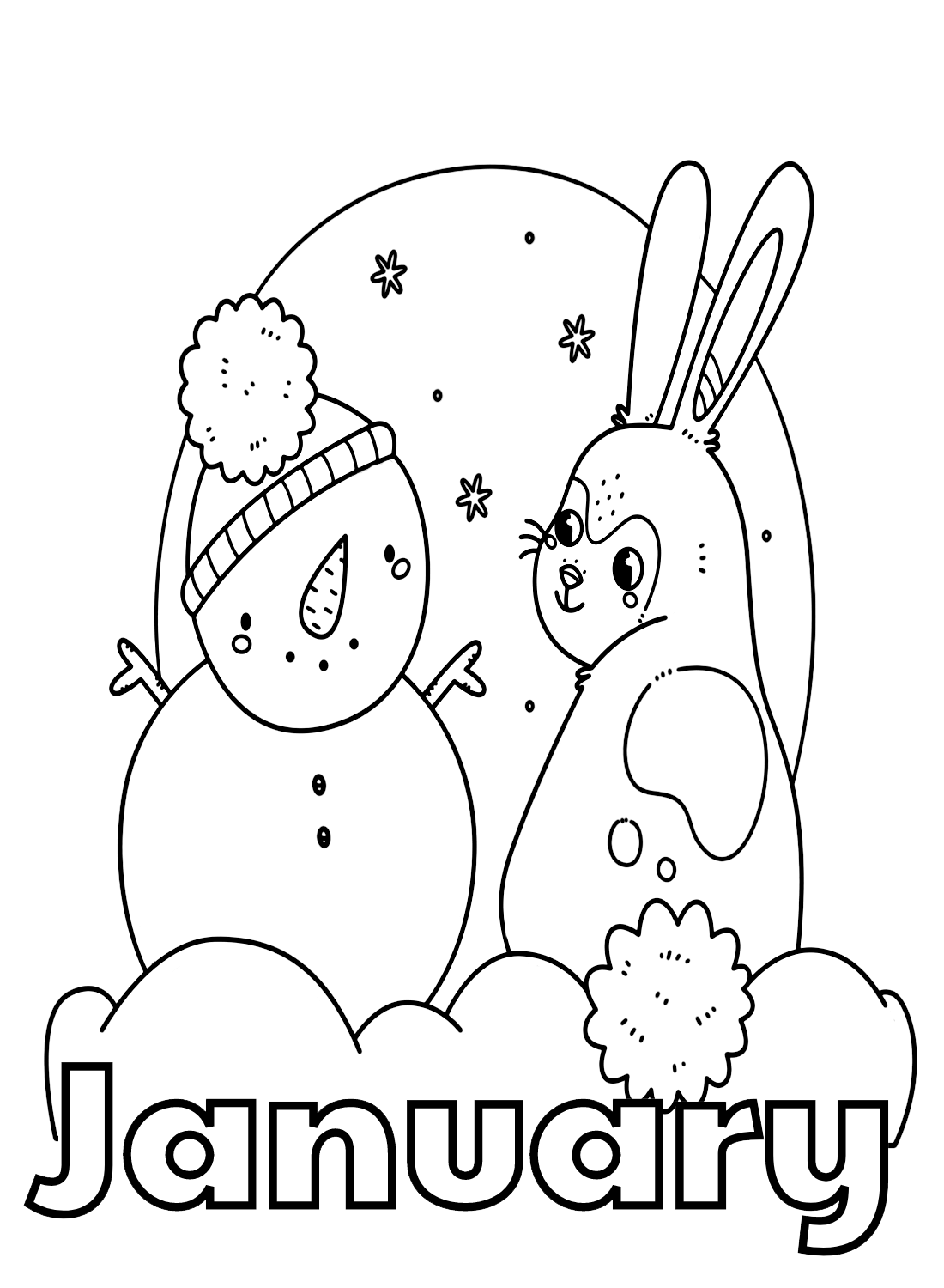 January with Snowman and Bunny Coloring Page - Free Printable Coloring ...