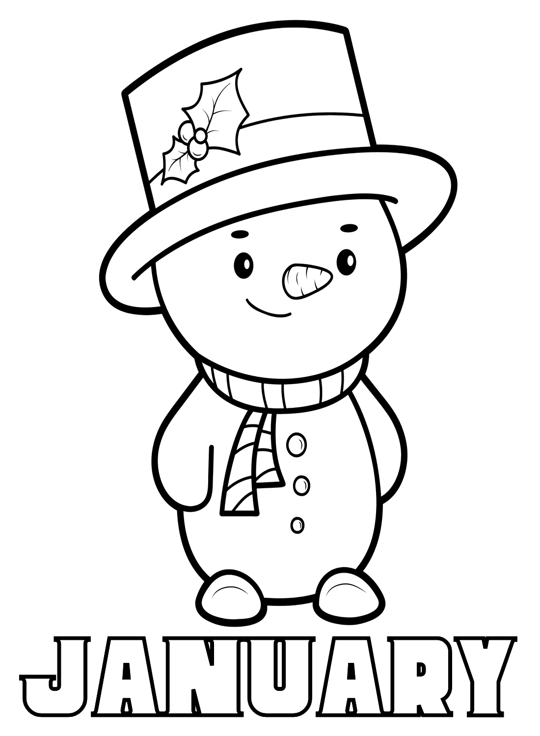 January with Snowman Coloring Page - Free Printable Coloring Pages