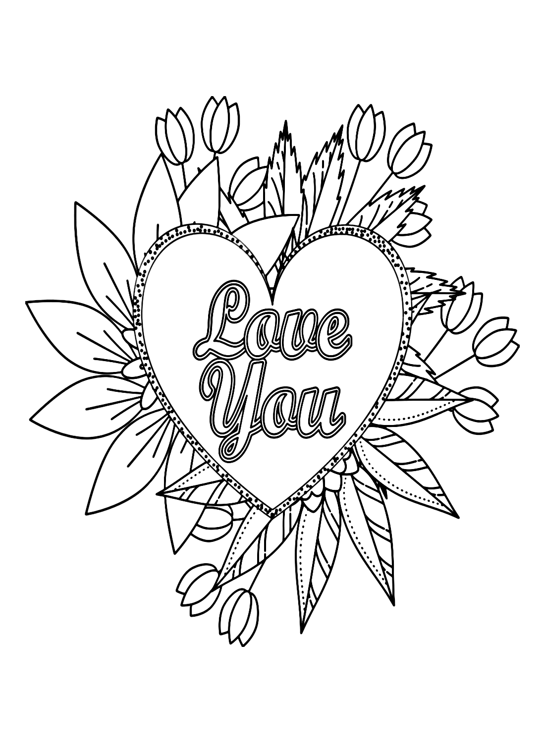 Love You with Flowers Heart Coloring Page - Free Printable Coloring Pages
