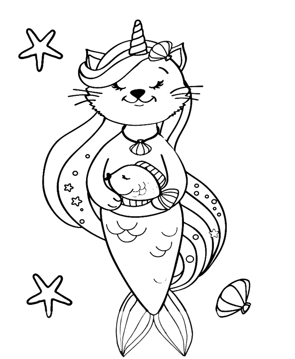 Mermaid Cat Unicorn Coloring Page