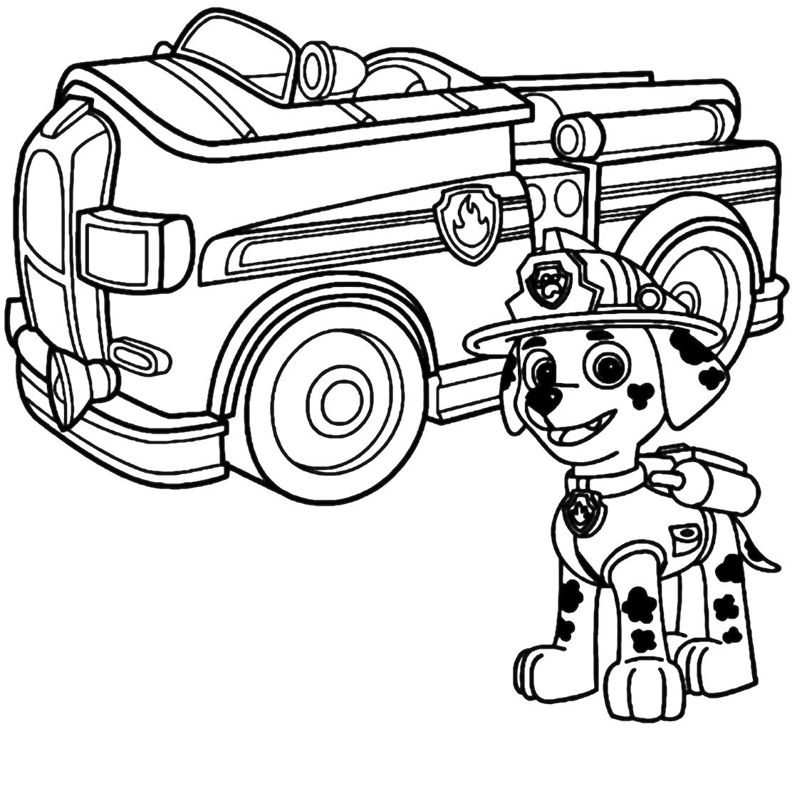 Pagina da colorare di Paw Patrol Marshall con camion dei pompieri