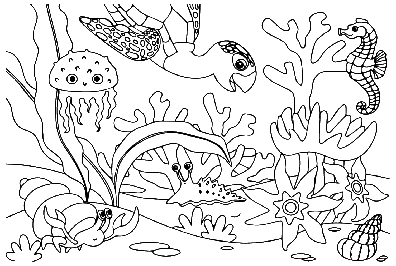 Sea Slug and Types of Sea Animals Coloring Page - Free Printable