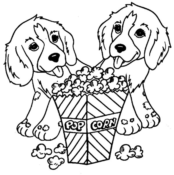 Two Dogs With Popcorn Coloring Page