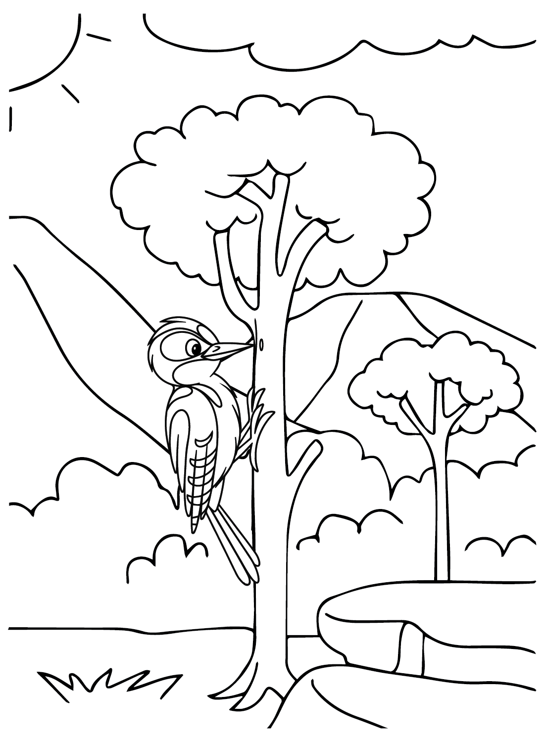 Página para colorir de pássaro pica-pau do pica-pau