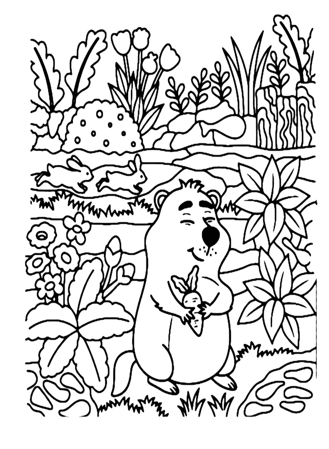 Marmota de dibujos animados en el jardín de Marmot
