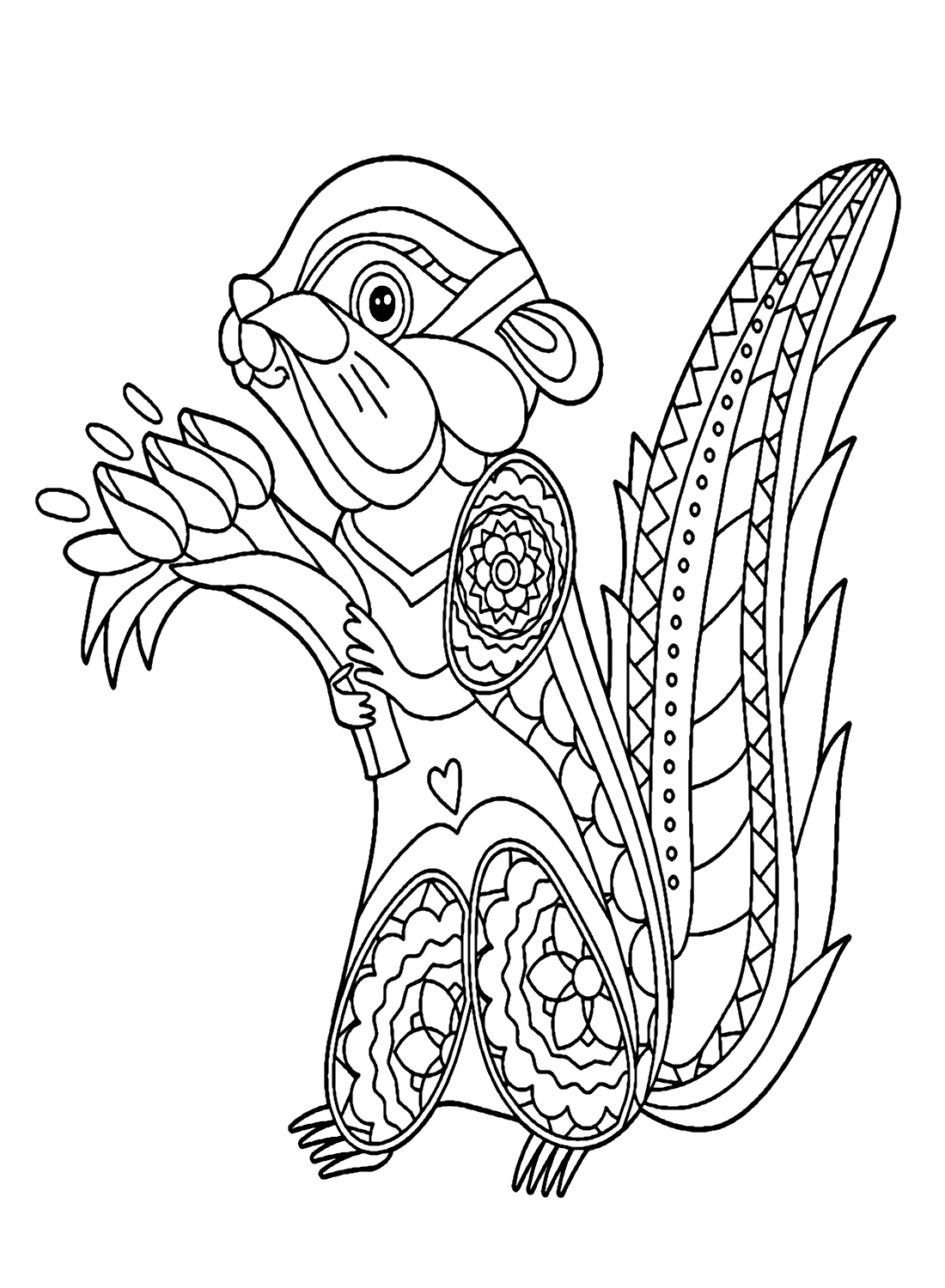 Cute Chipmunk With Flowers Coloring Pages