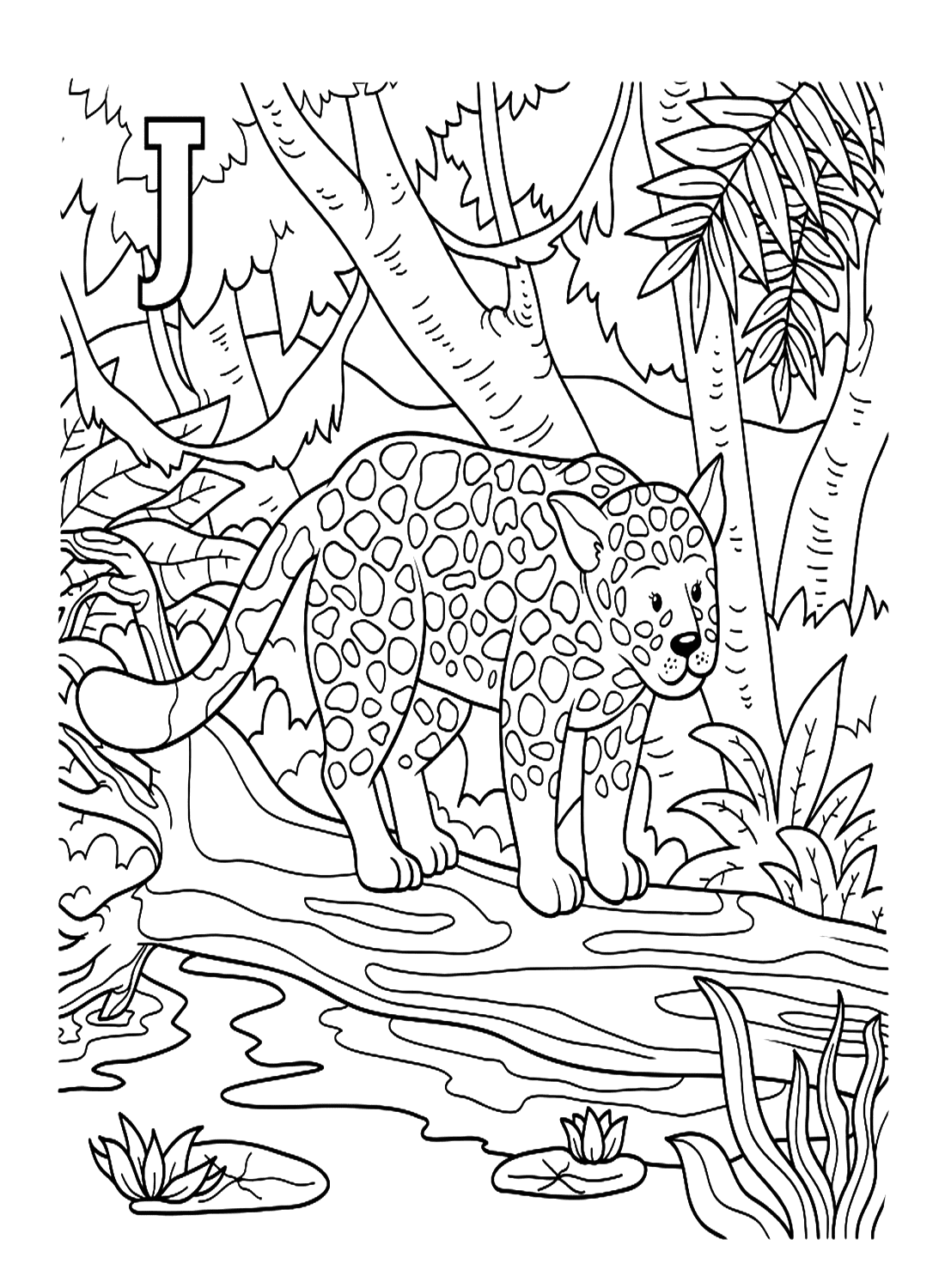 Cute Jaguar In The Jungle Coloring Pages