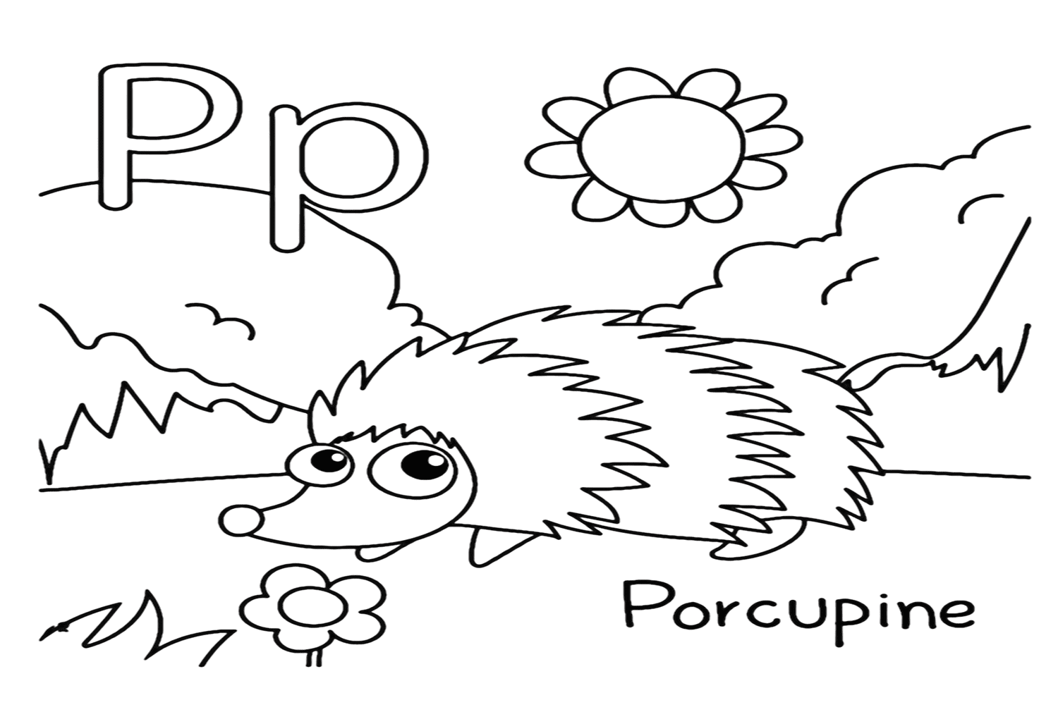 Letra P para página para colorir de porco-espinho de Porcupine