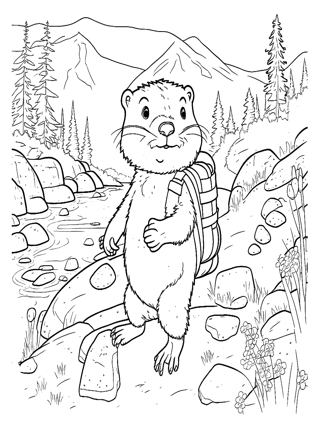 Marmot loopt op de oever van de rivier van Marmot