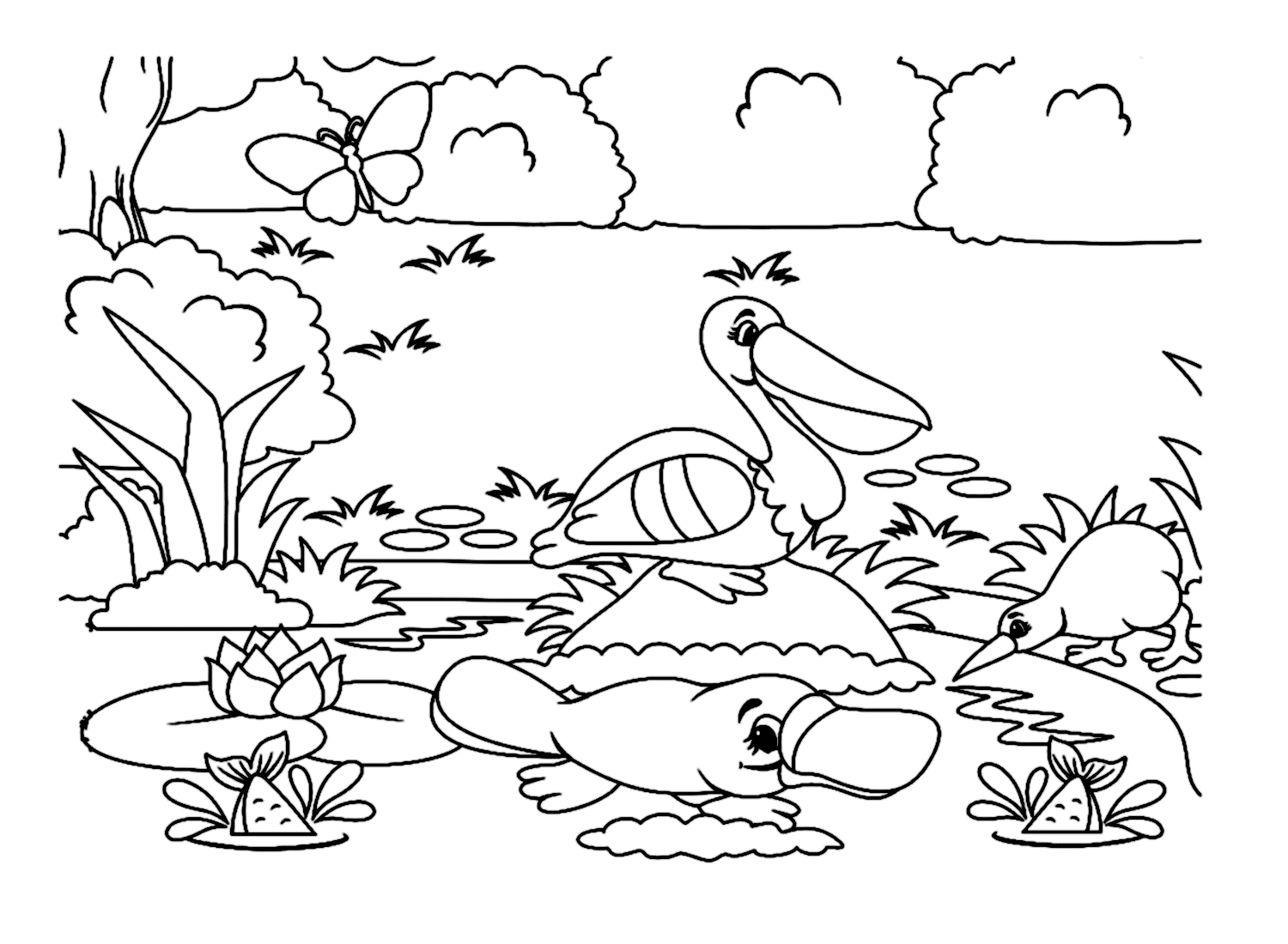 Ornitorrinco en la orilla del río con otros animales de Ornitorrinco