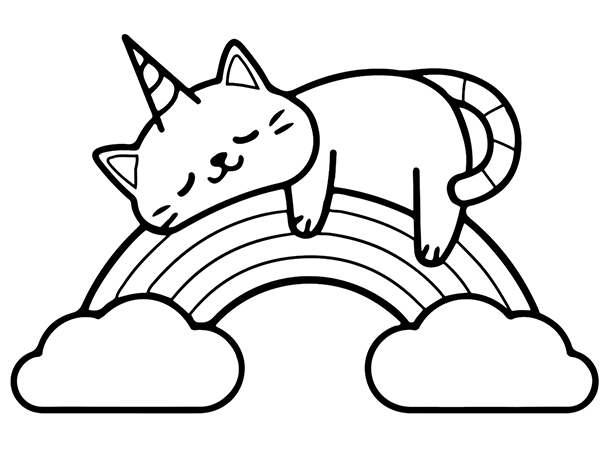 Einhorn-Katze liegt auf der Regenbogen-Malseite