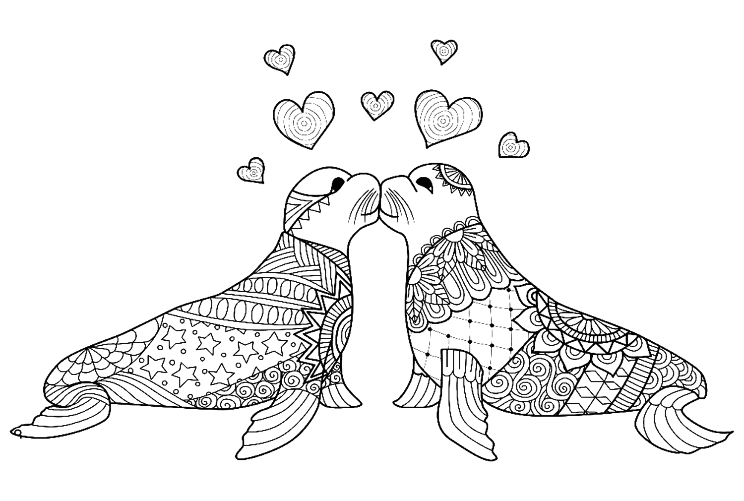 زوجان من أسد البحر Zentangle يقعان في الحب من حيوان Zentangle