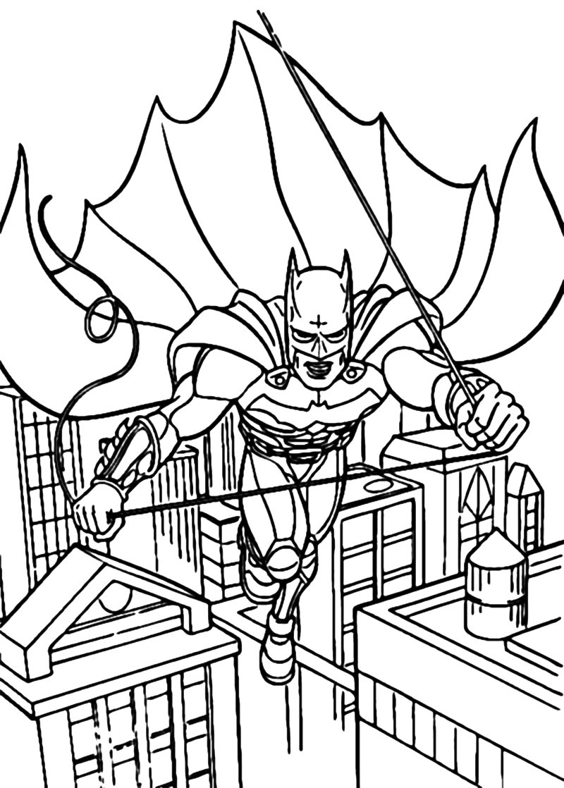 desenho de Batman voando pela rua para colorir
