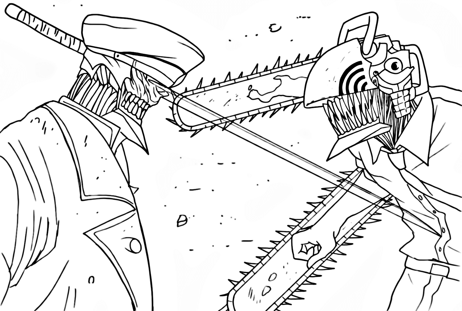 Chainsaw Man vs Katana Man Coloring Page from Denji