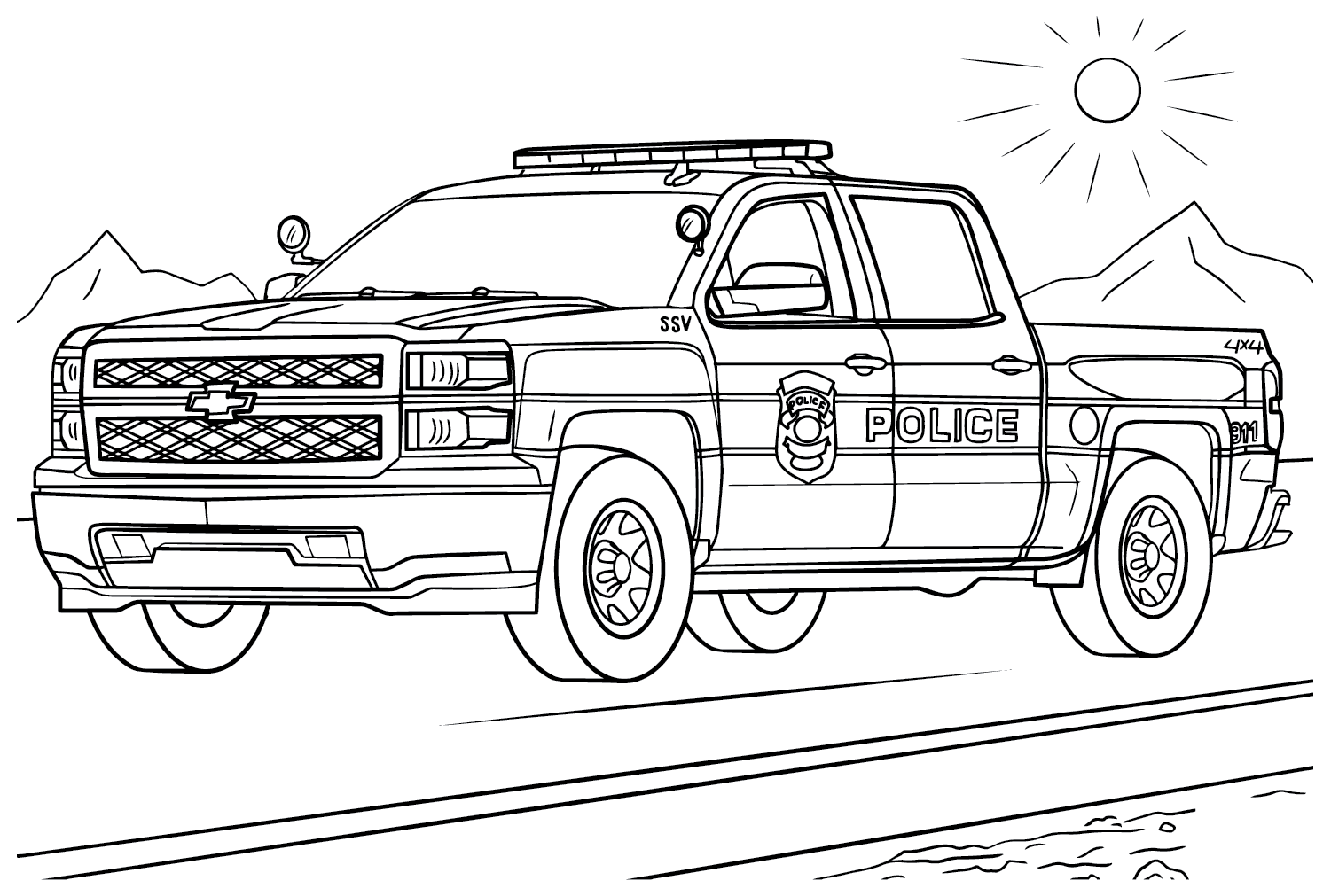 Página para colorir de caminhão de polícia Chevrolet da Chevrolet