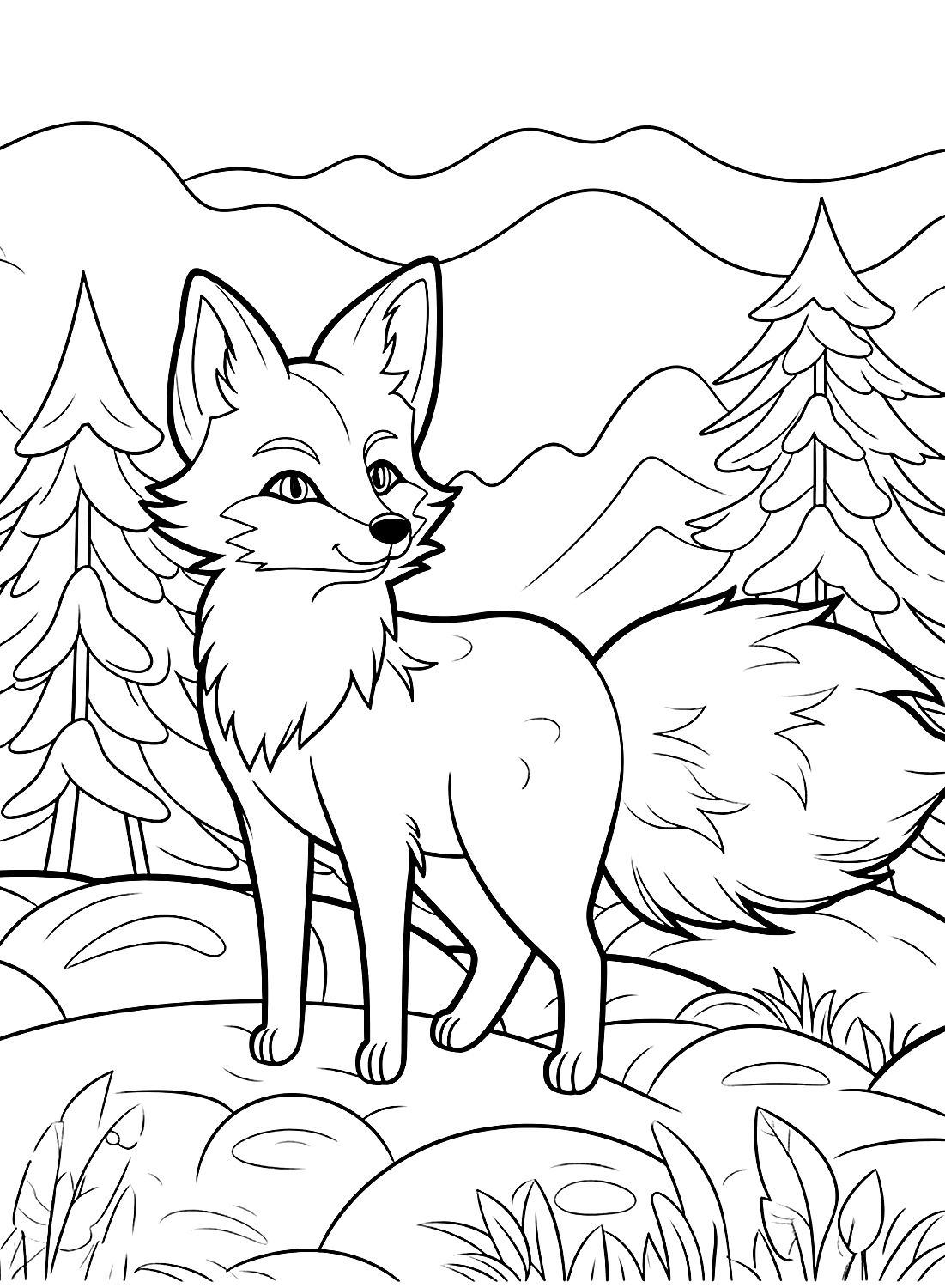 Coloring page of fox in forest Coloring Page