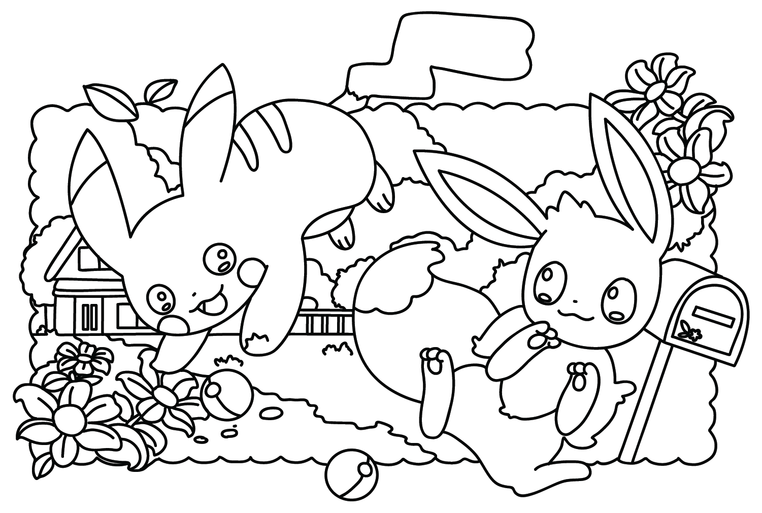 Eevee and Pikachu Pokemon Coloring Page